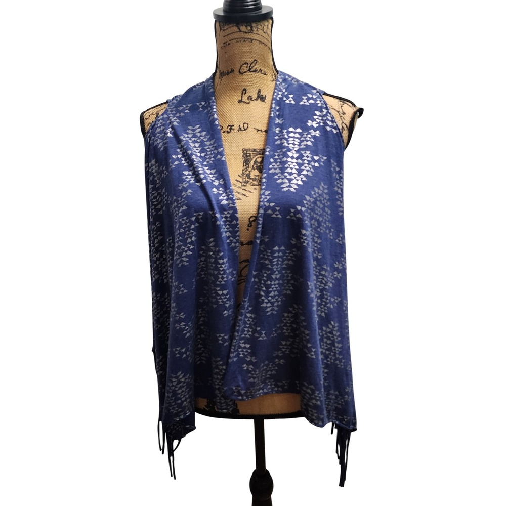 Justice Kids Girls Blue Aztec Print Fringe Vest Shawl‎ Sweater Med Large